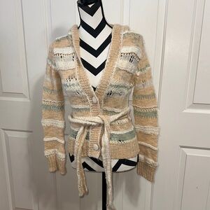 Sleeping On Snow Striped Beige and Green Women's Belted Cardigan Sweater